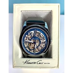 Kenneth Cole Automatic Analog Skeleton Watch Blue Silver Gold Leather Strap RARE